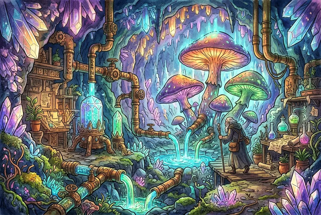 Bioluminescent Wonka River flowing through crystal caverns