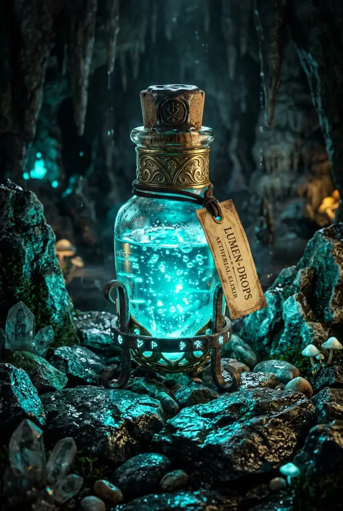 Glowing cyan Lumen-Drops in a glass vial